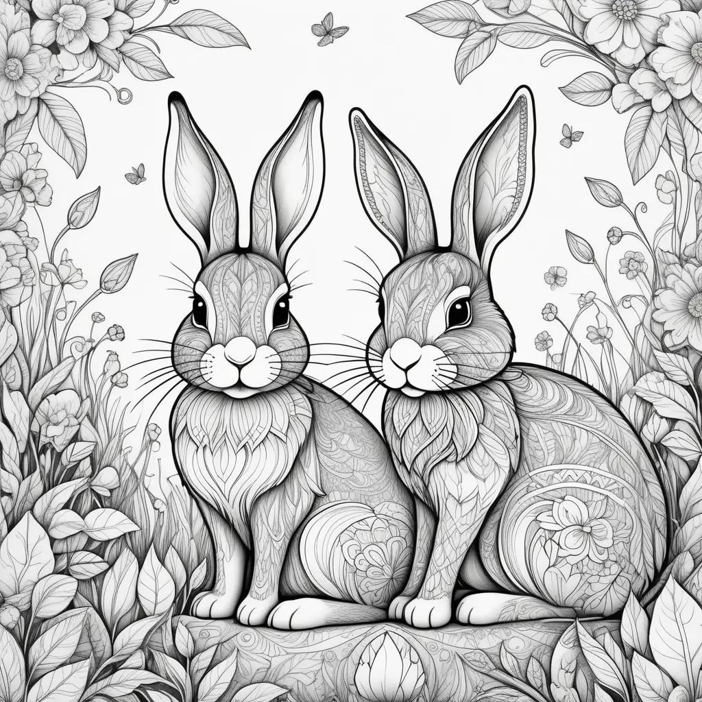 Two bunnies in a forest, with butterfly and flowers in the background