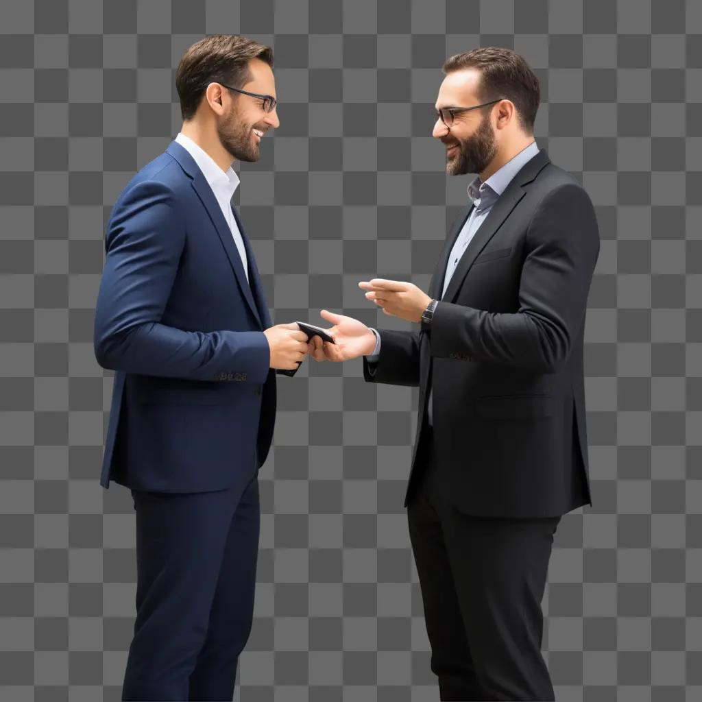 Two business men in suits exchanging ideas