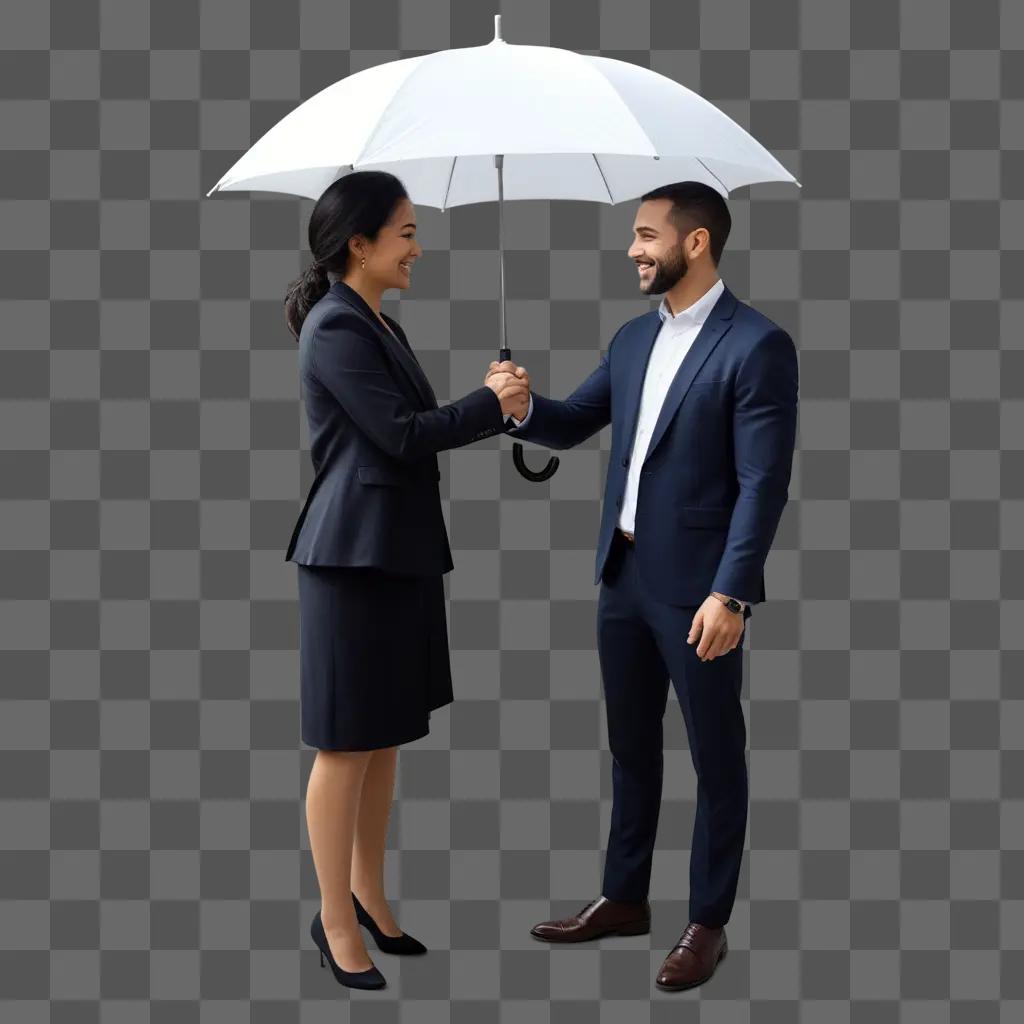 Two business professionals shake hands under an umbrella