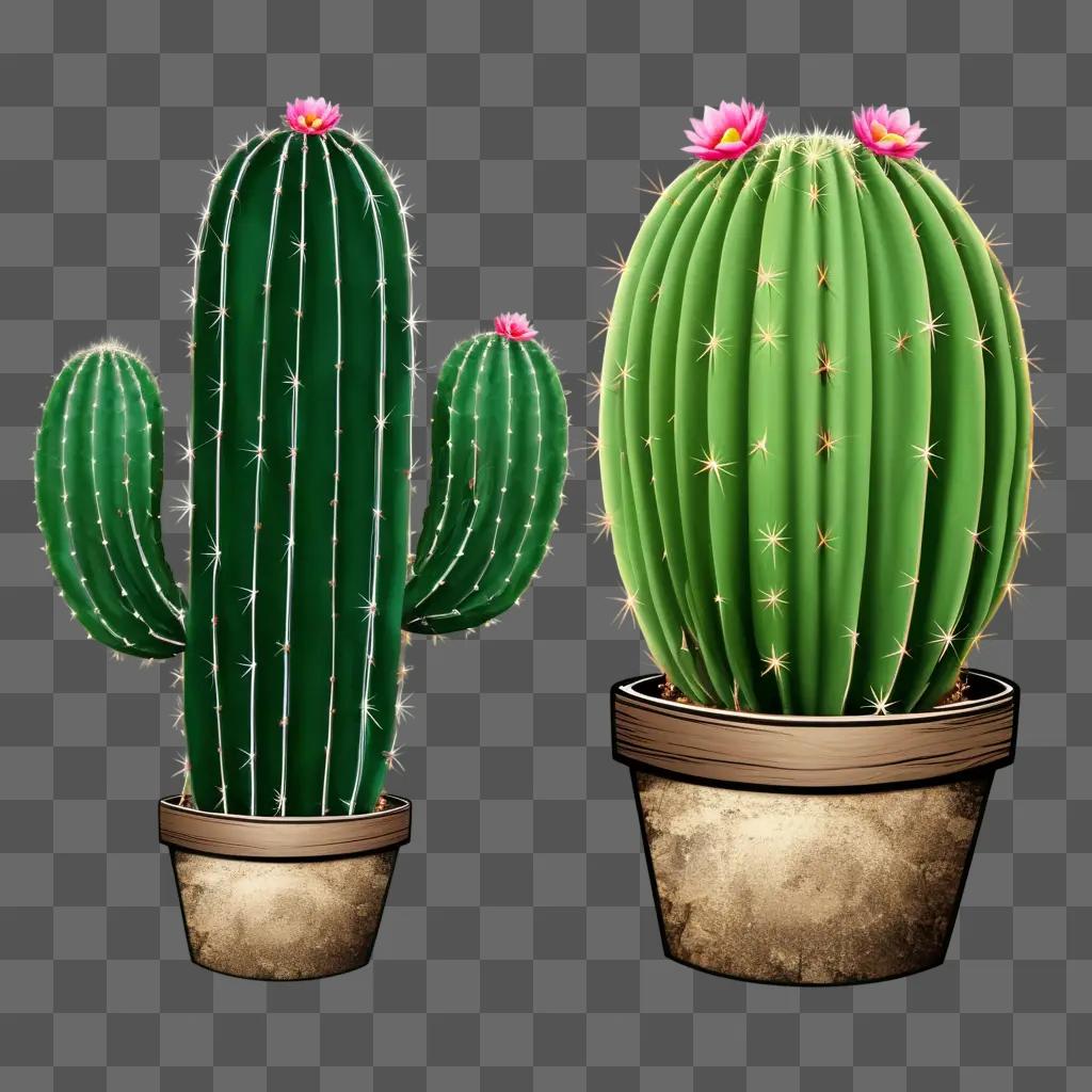 Two cactus plants with pink flowers in pots