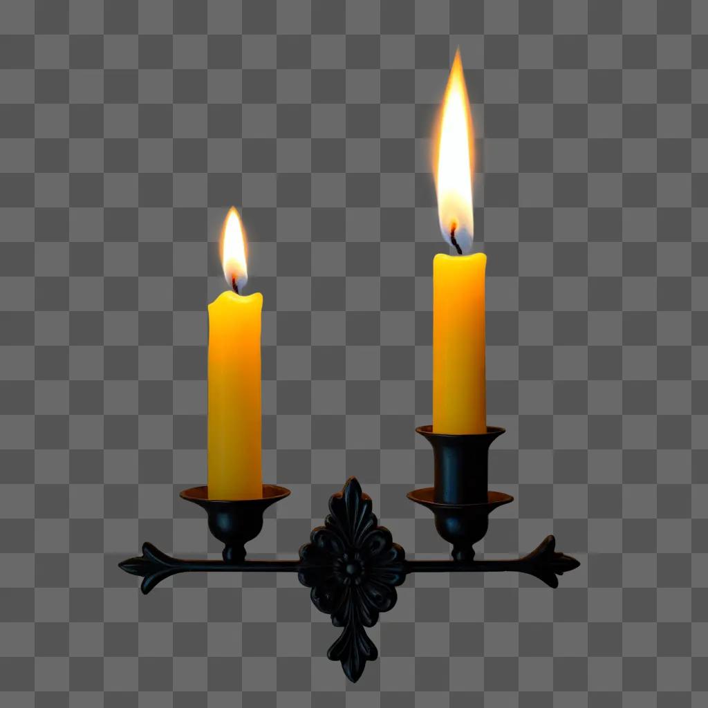 Two candles illuminate the dark wall