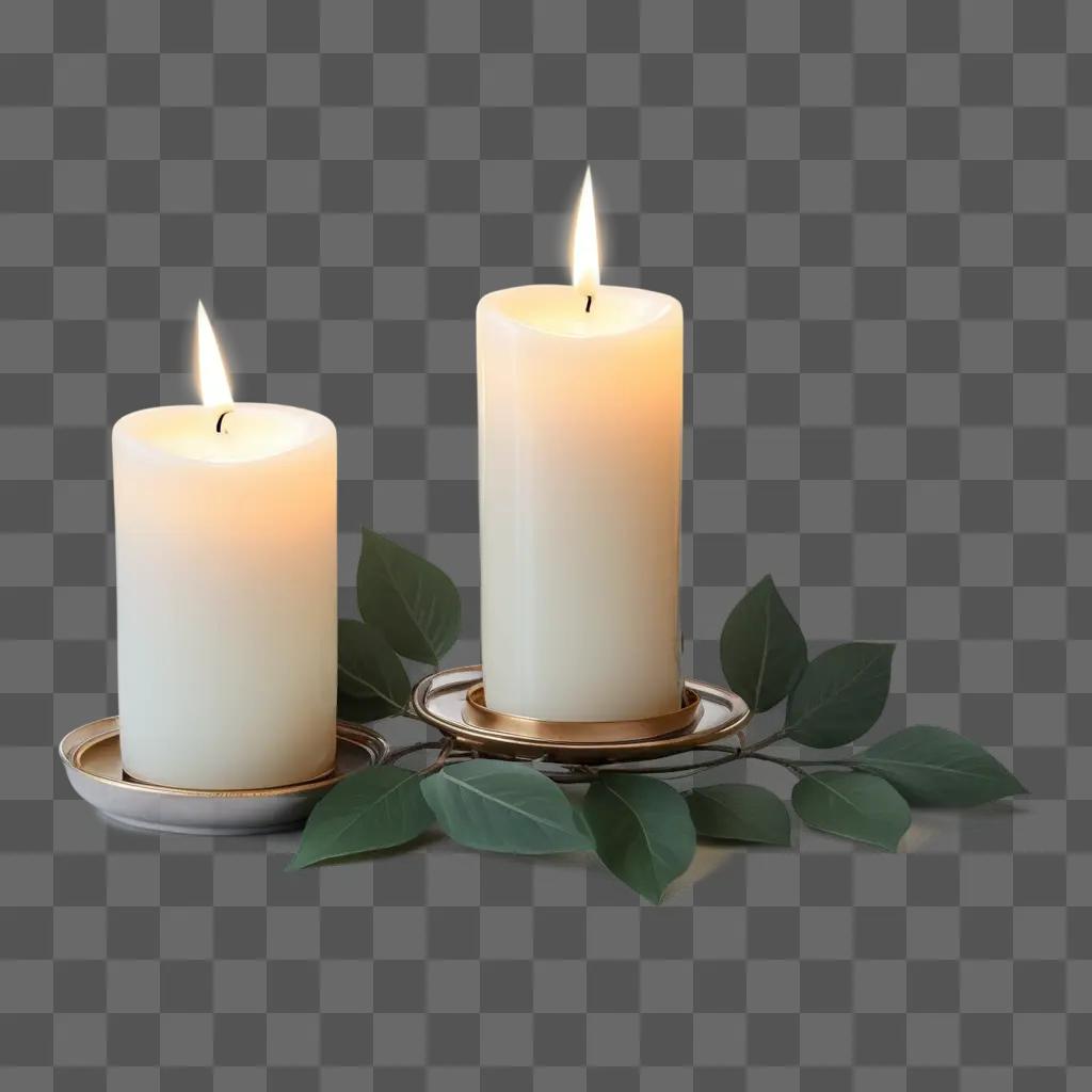 Two candles on a table with green leaves