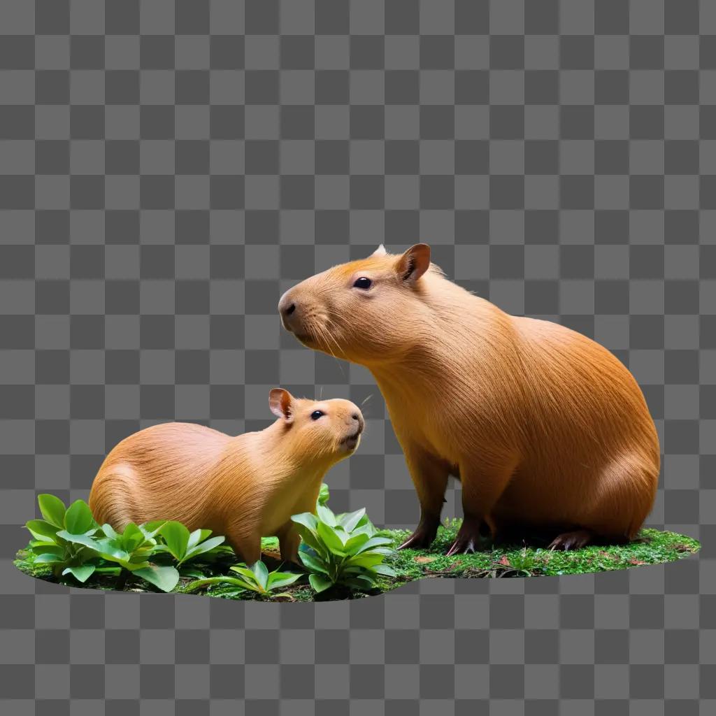 Two capibara sit on a patch of grass