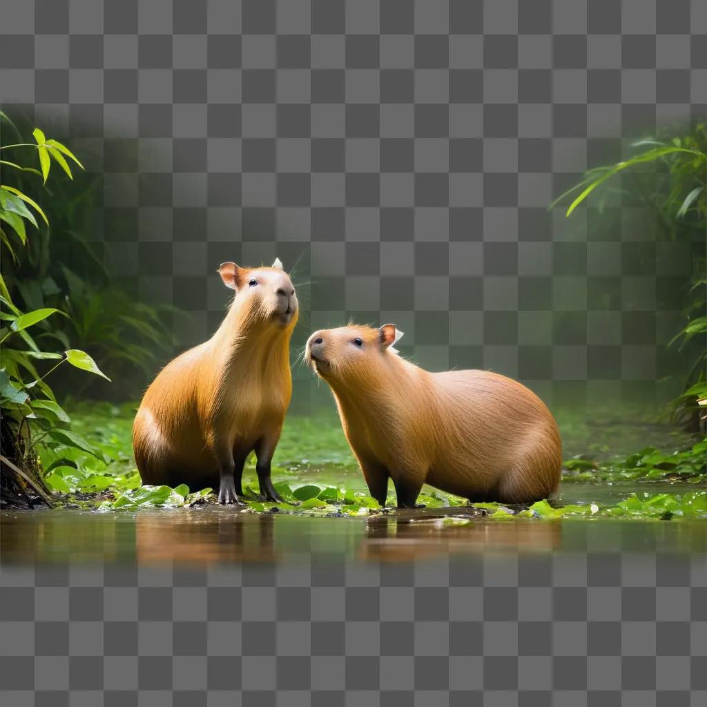 Two capibara standing in the water