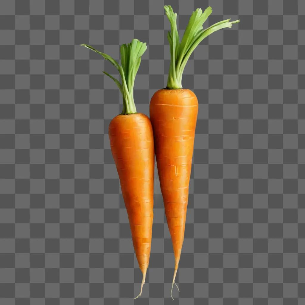 Two carrots on a brown background with green tops