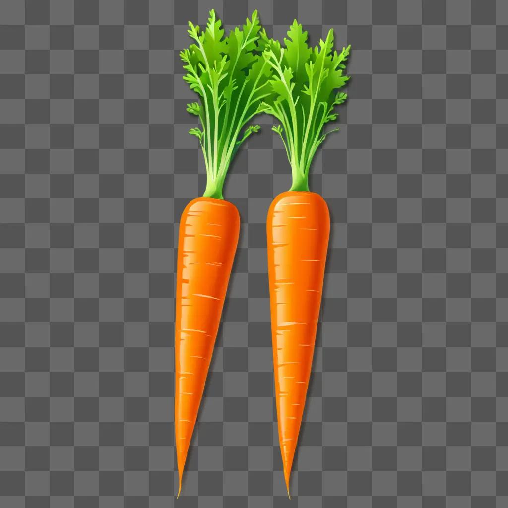 Two carrots on a yellow background with green leaves