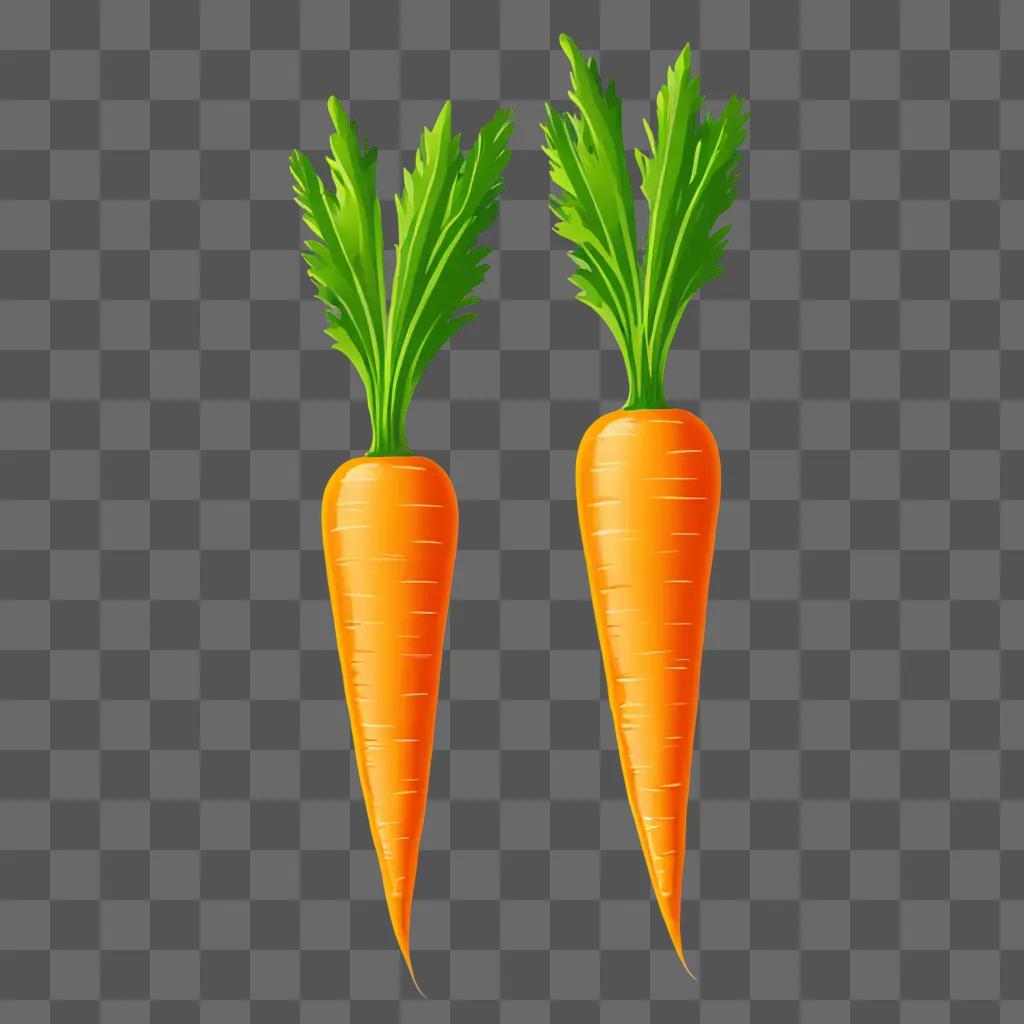 Two carrots on a yellow background with green tops