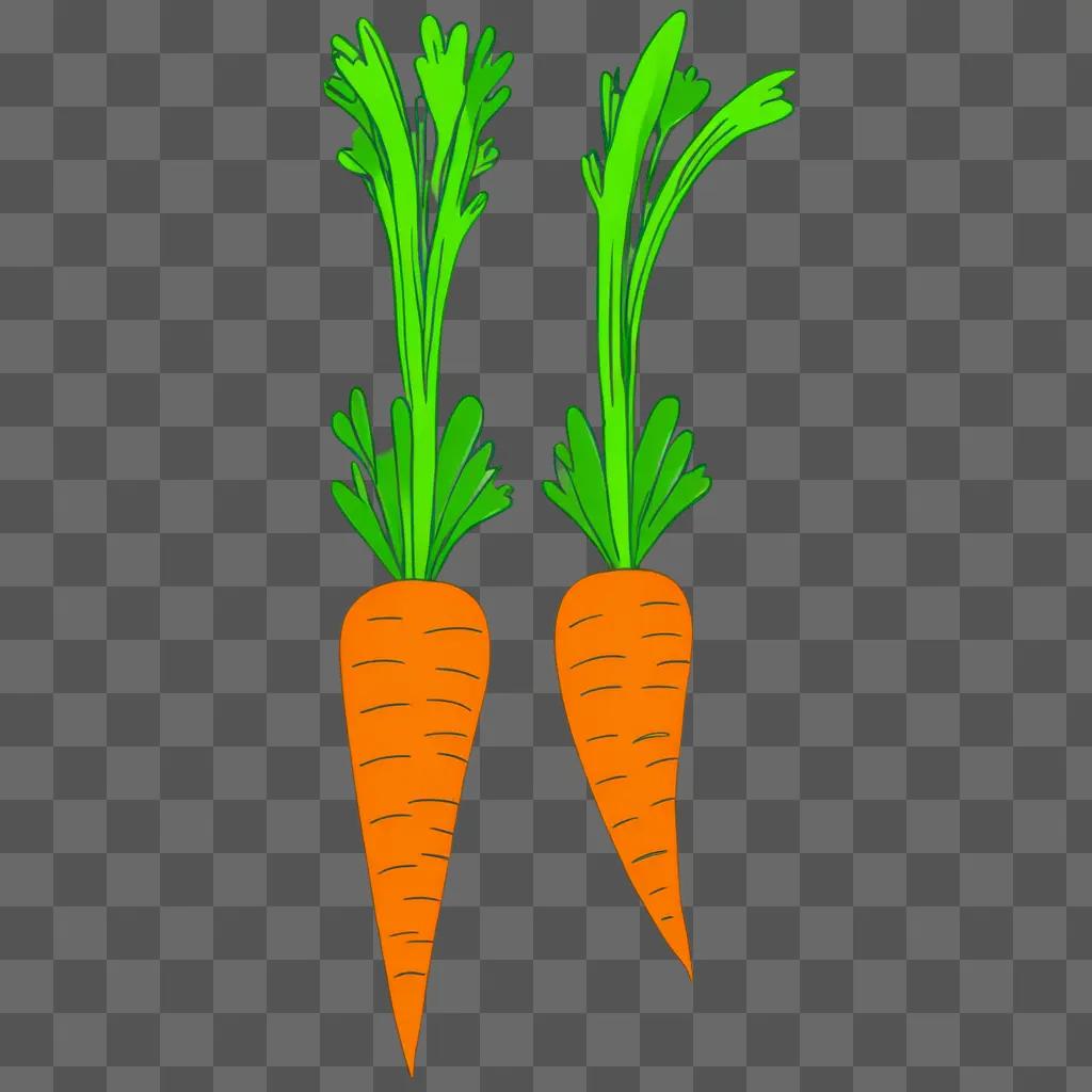 Two carrots with green leaves on a green background