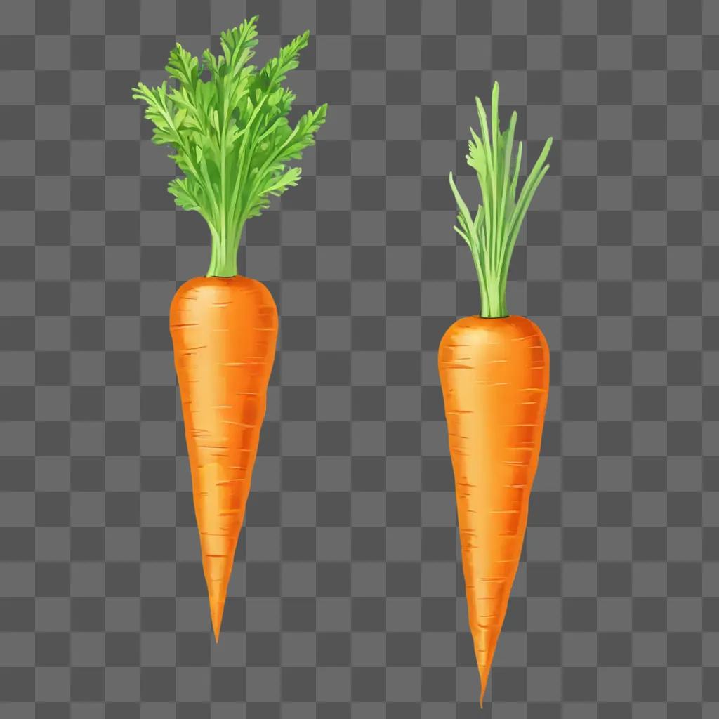 Two carrots with green tops on a yellow background