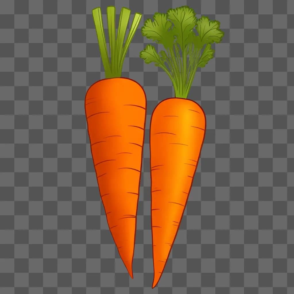 Two carrots with green tops on an orange background