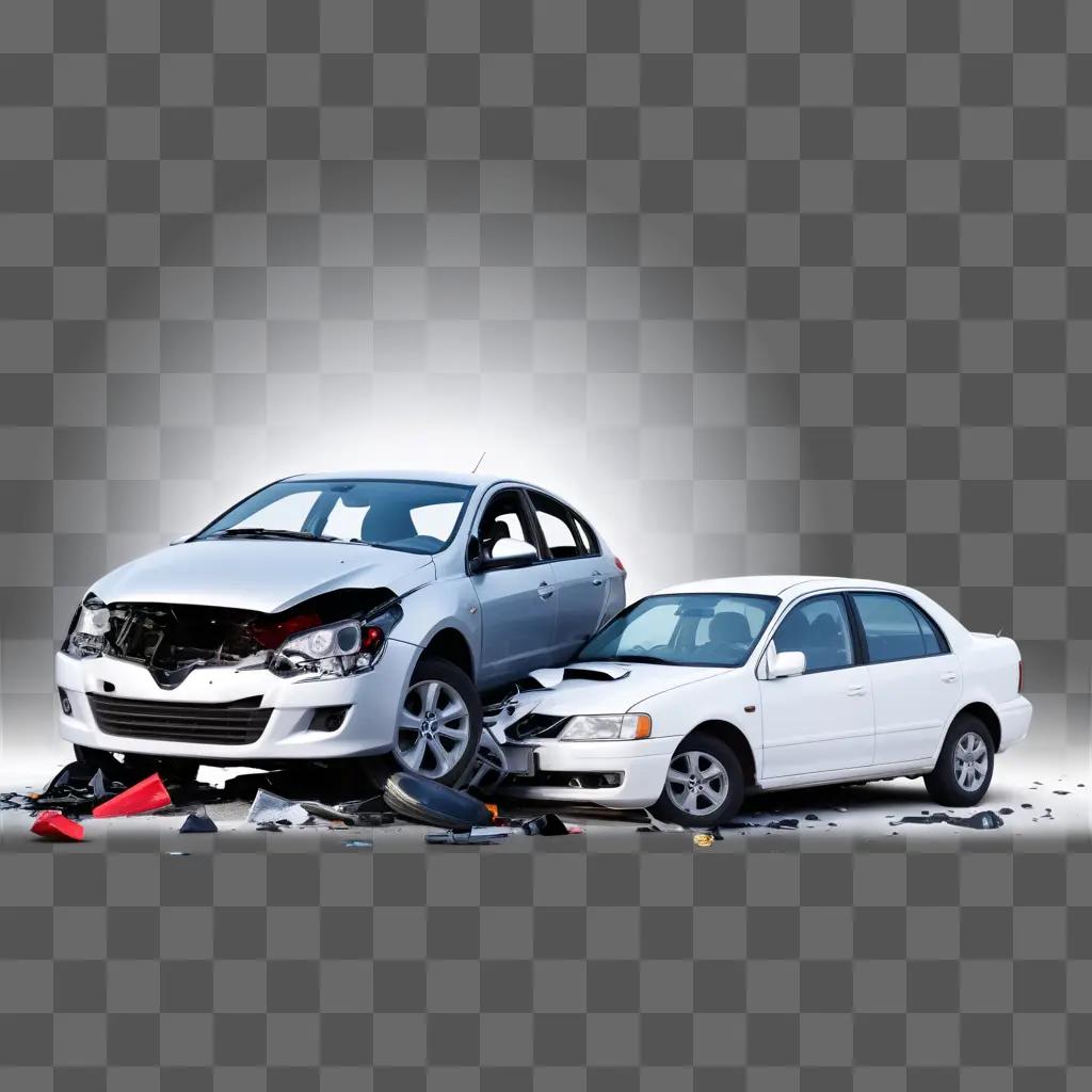 Two cars, one crashed, in a grey background