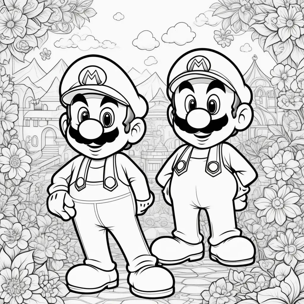 2つの漫画のマリオとルイージのキャラクターが花の背景の前に立っています