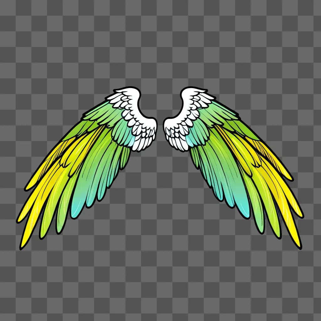 Two cartoon angel wings with green and yellow feathers