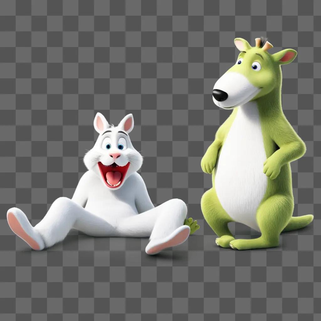 Two cartoon animals, one white and one green, are laughing together