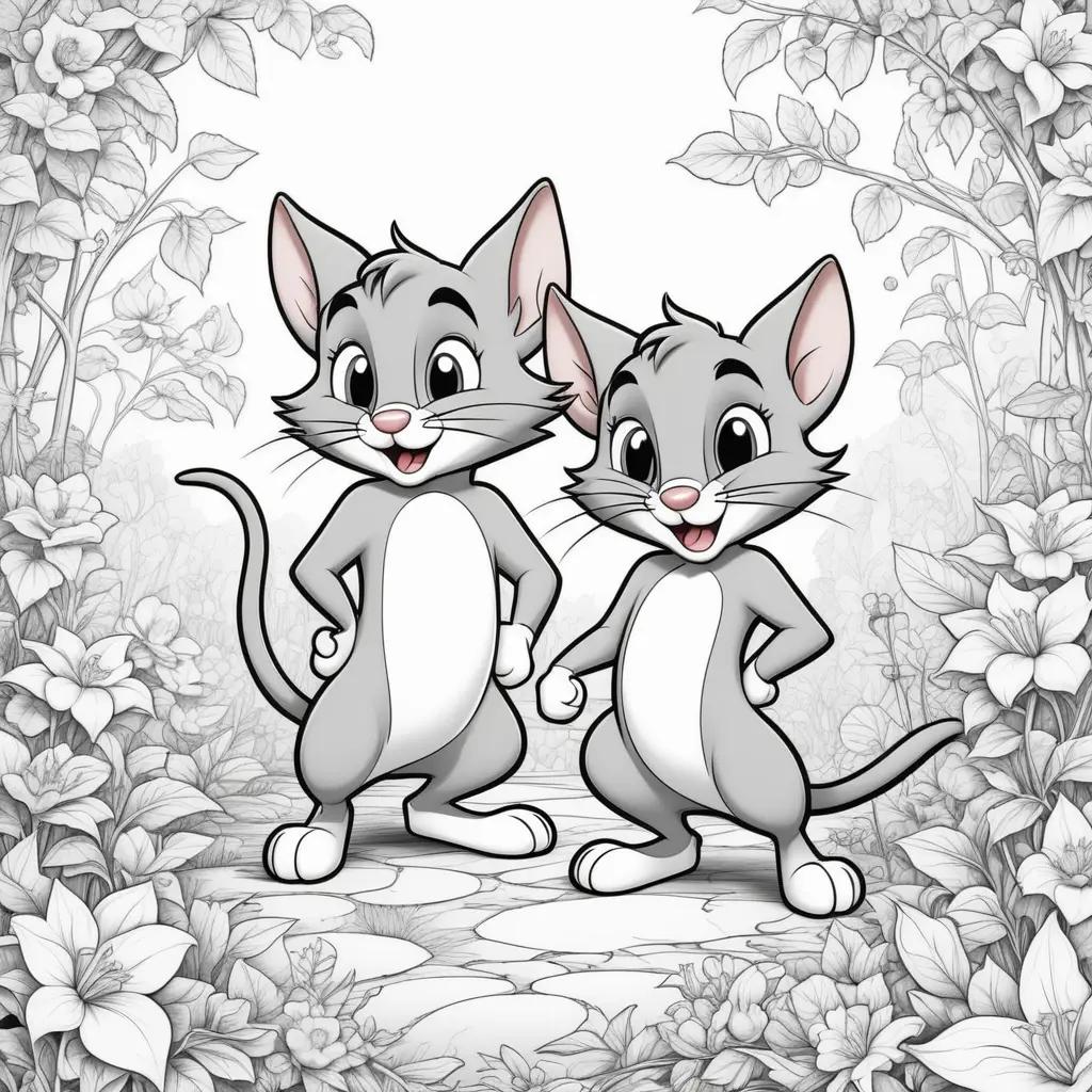 Two cartoon cats in a flower-filled scene