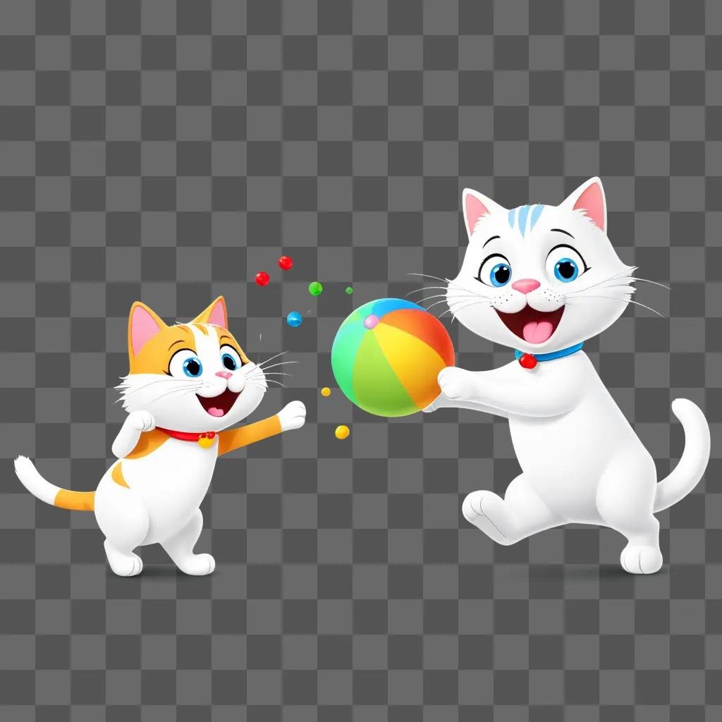 Two cartoon cats play with a colorful ball