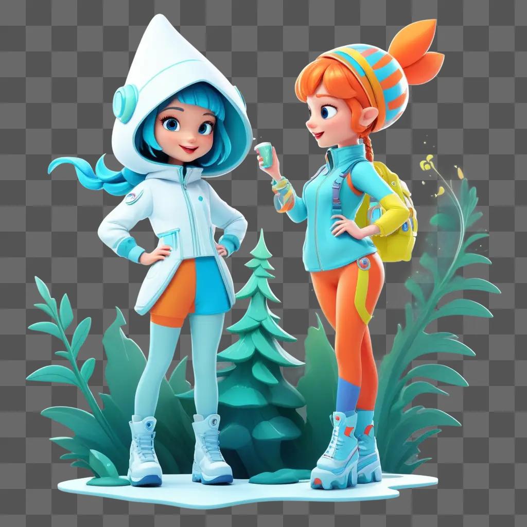 Two cartoon girls in colorful outfits stand together