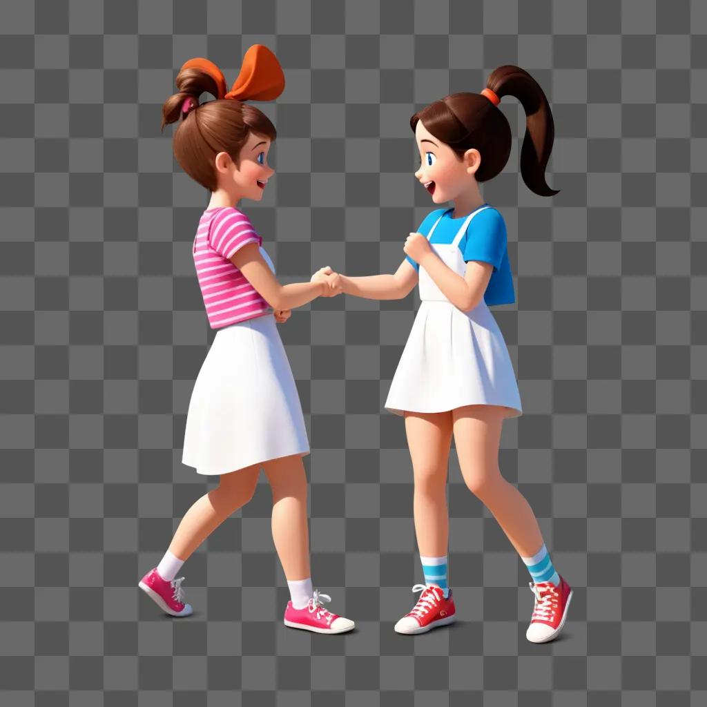 Two cartoon girls in white shirts and skirts shake hands