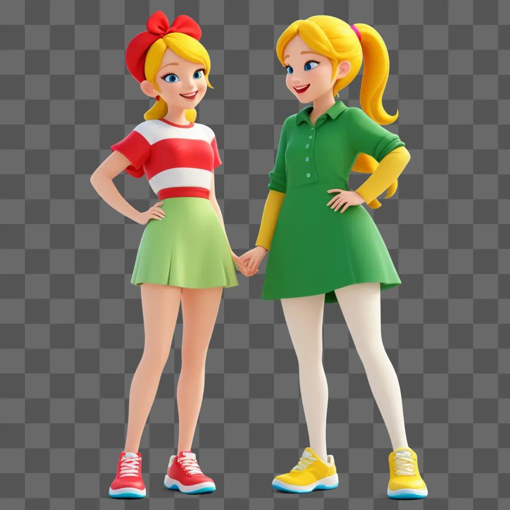 Two cartoon girls pose together in a vibrant setting