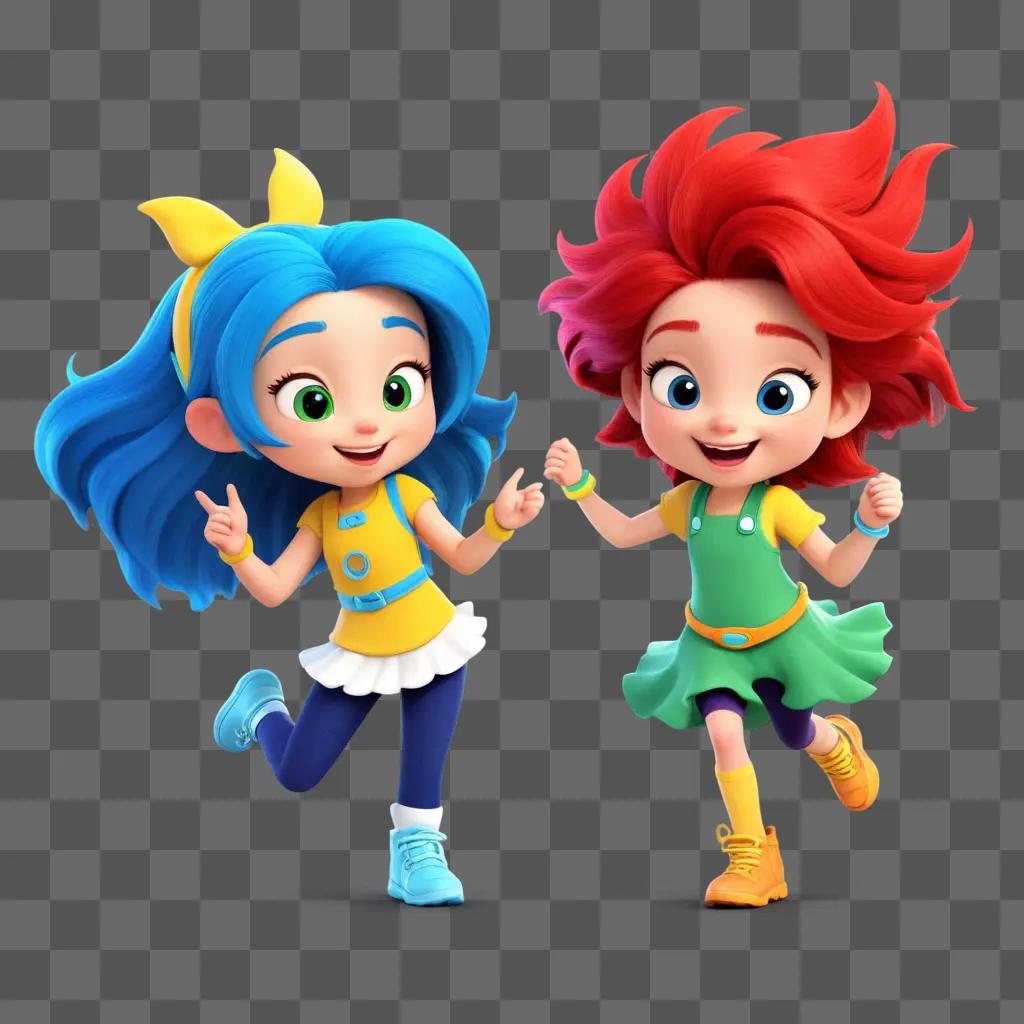 Two cartoon girls run in a cartoon world