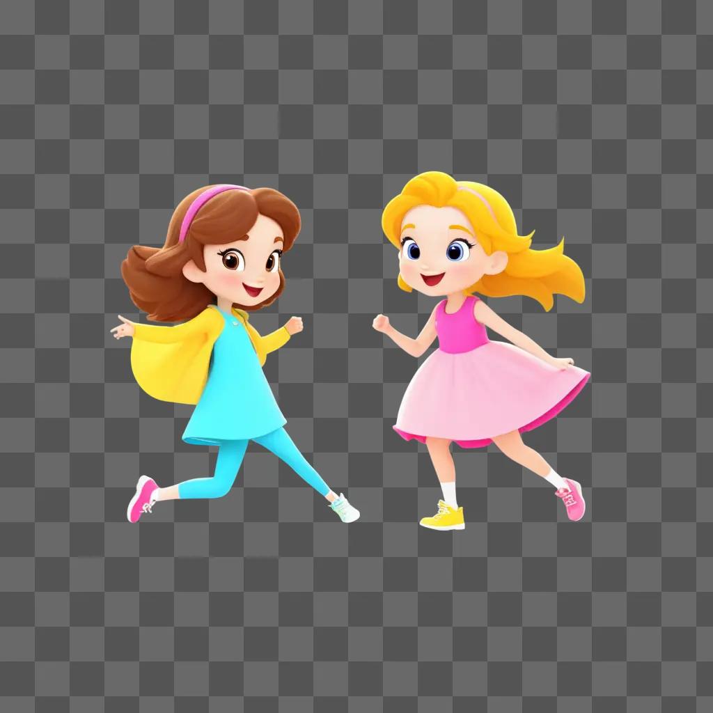 Two cartoon girls running in the air