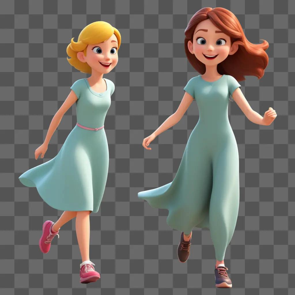 Two cartoon girls running in the background