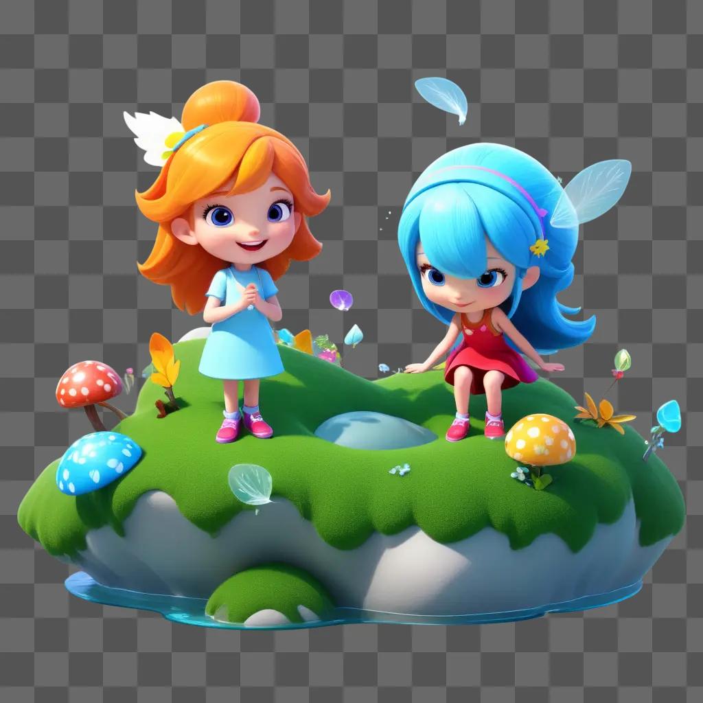 Two cartoon girls standing on an island in a fantasy world