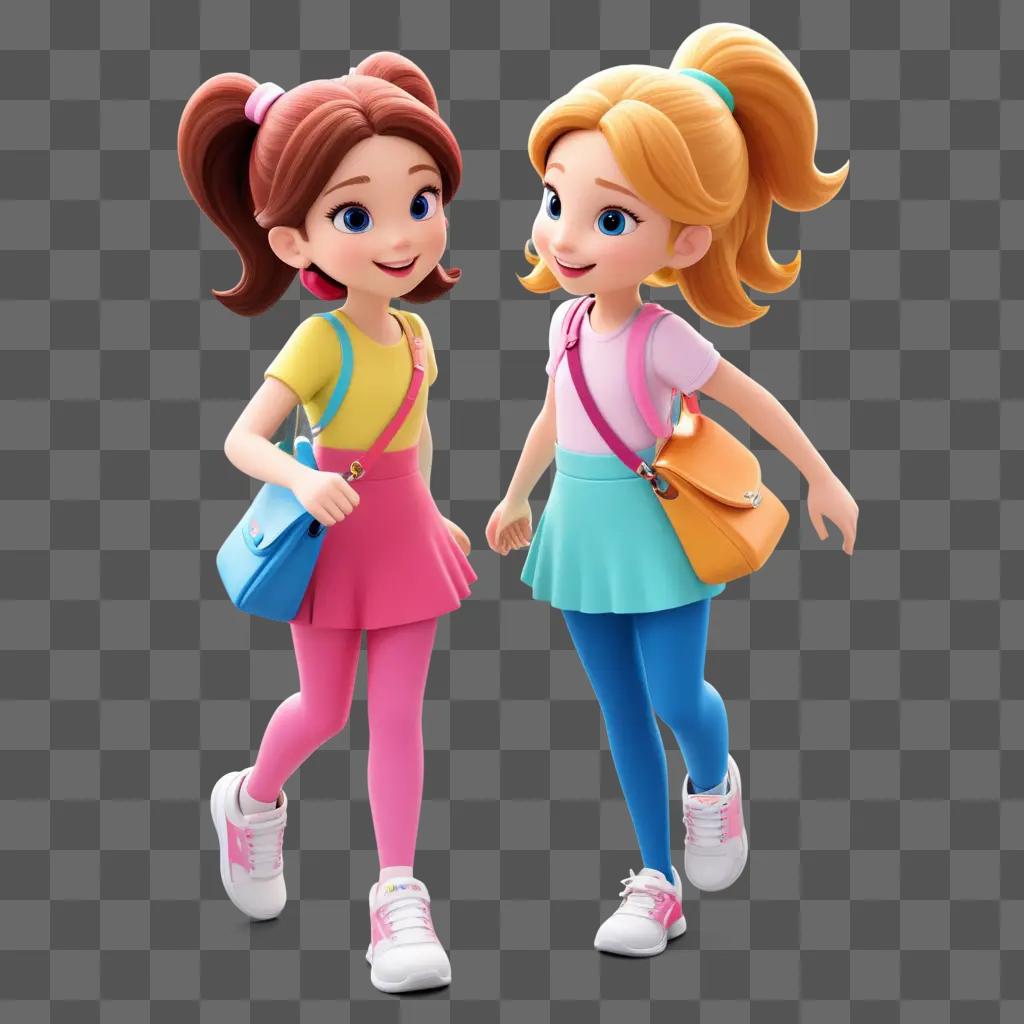 Two cartoon girls walking in a pink and blue outfit