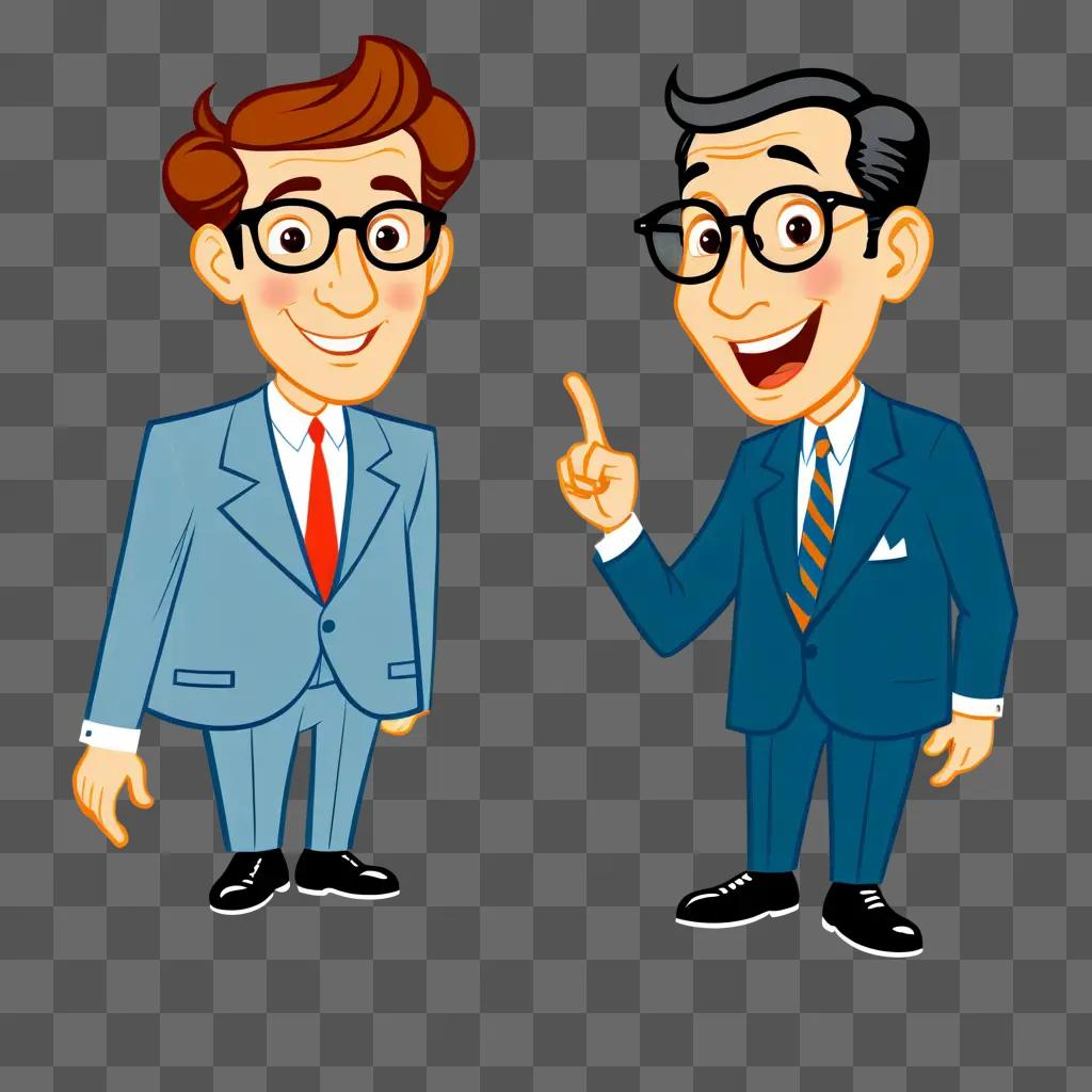 Two cartoon men in suits, one pointing