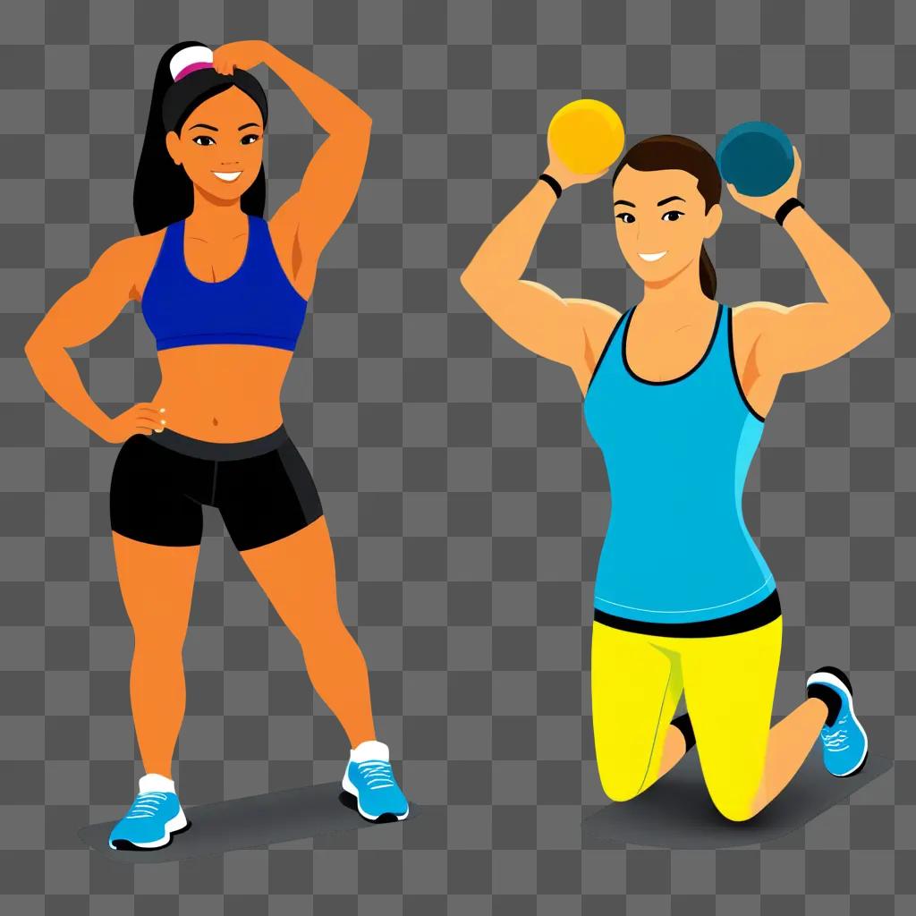 Two cartoon women do a workout together