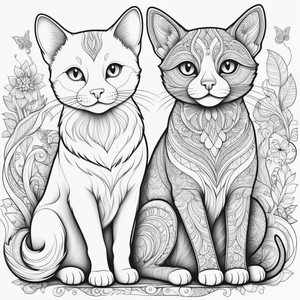 花と白黒の絵に描かれた2匹の猫