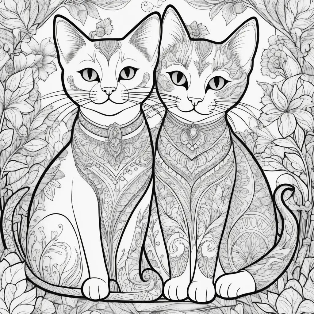 Two cats in black and white coloring pages