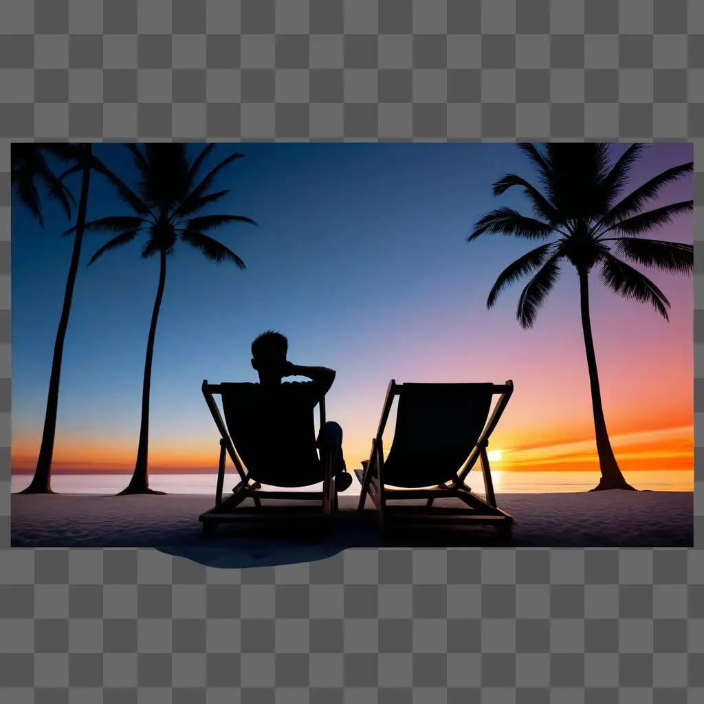 Two chairs on beach with sunset in background