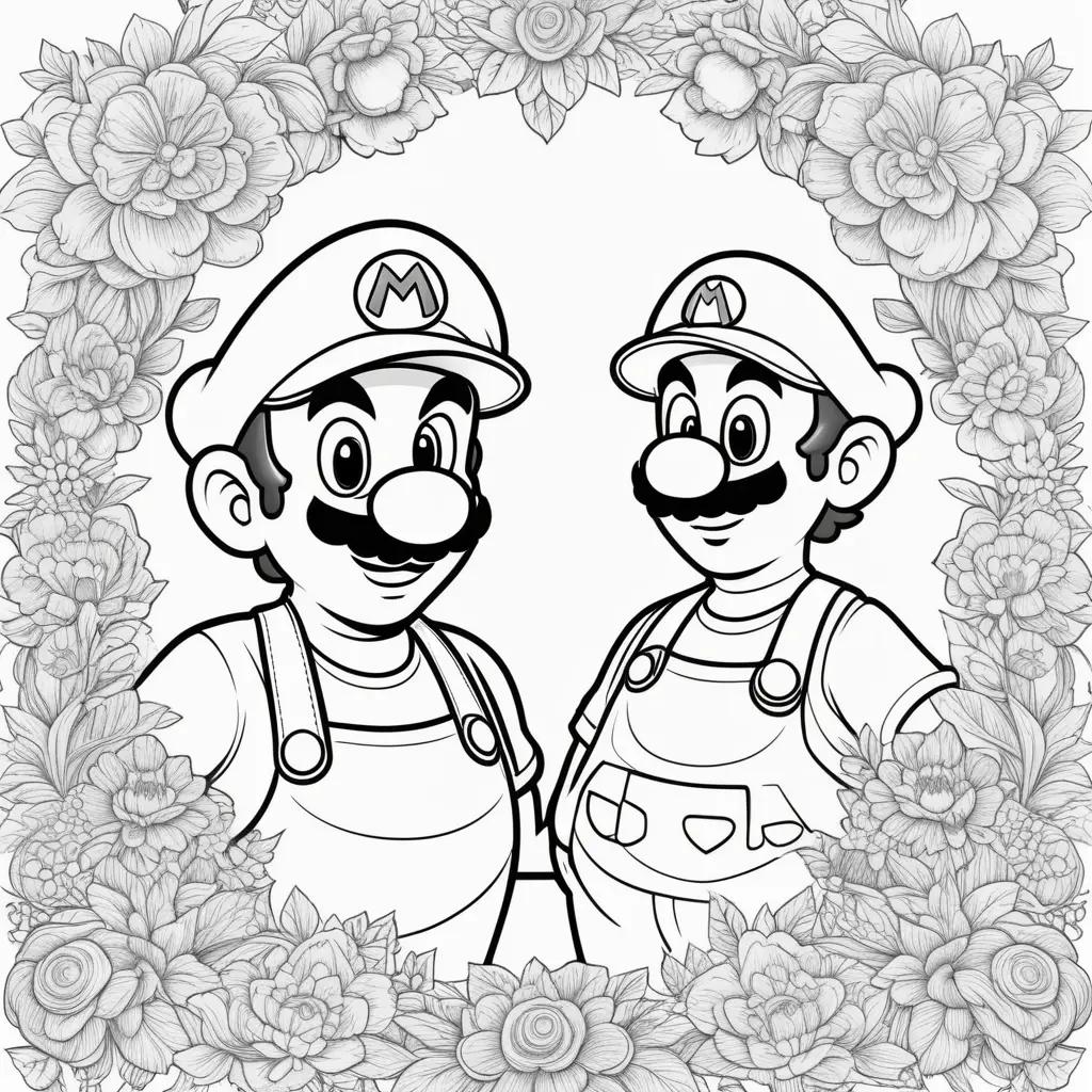 Two characters in a floral frame with a Mario and Luigi coloring page