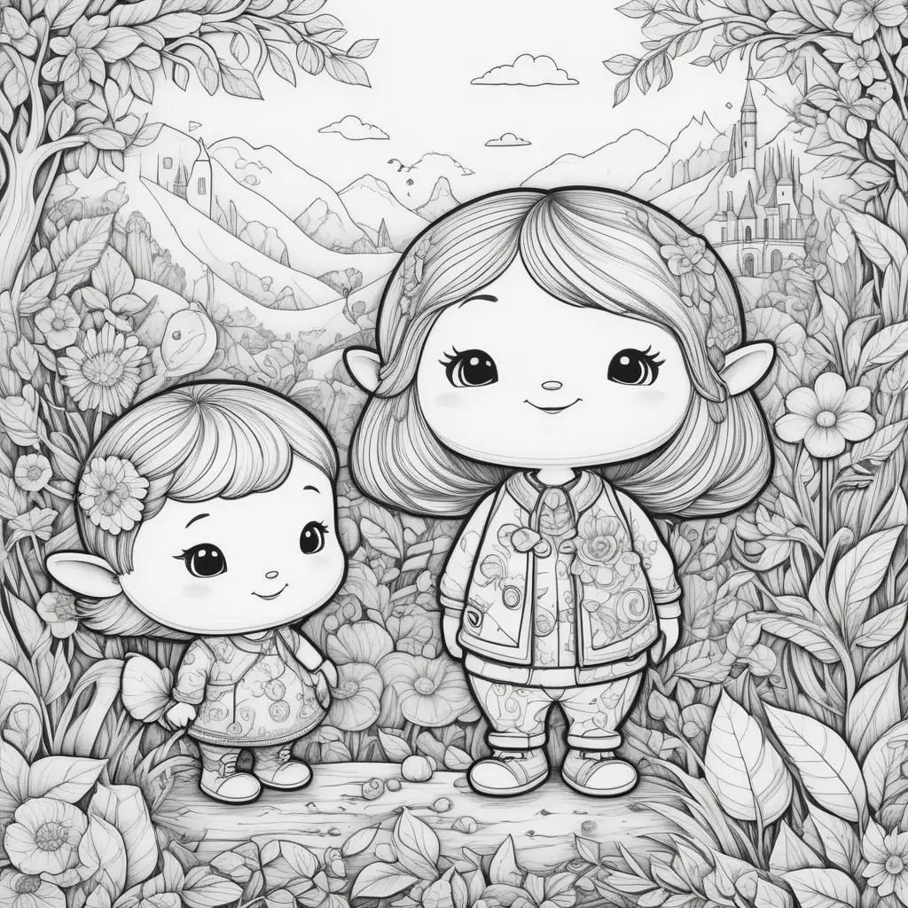 Two children in a forest with a castle and mountains