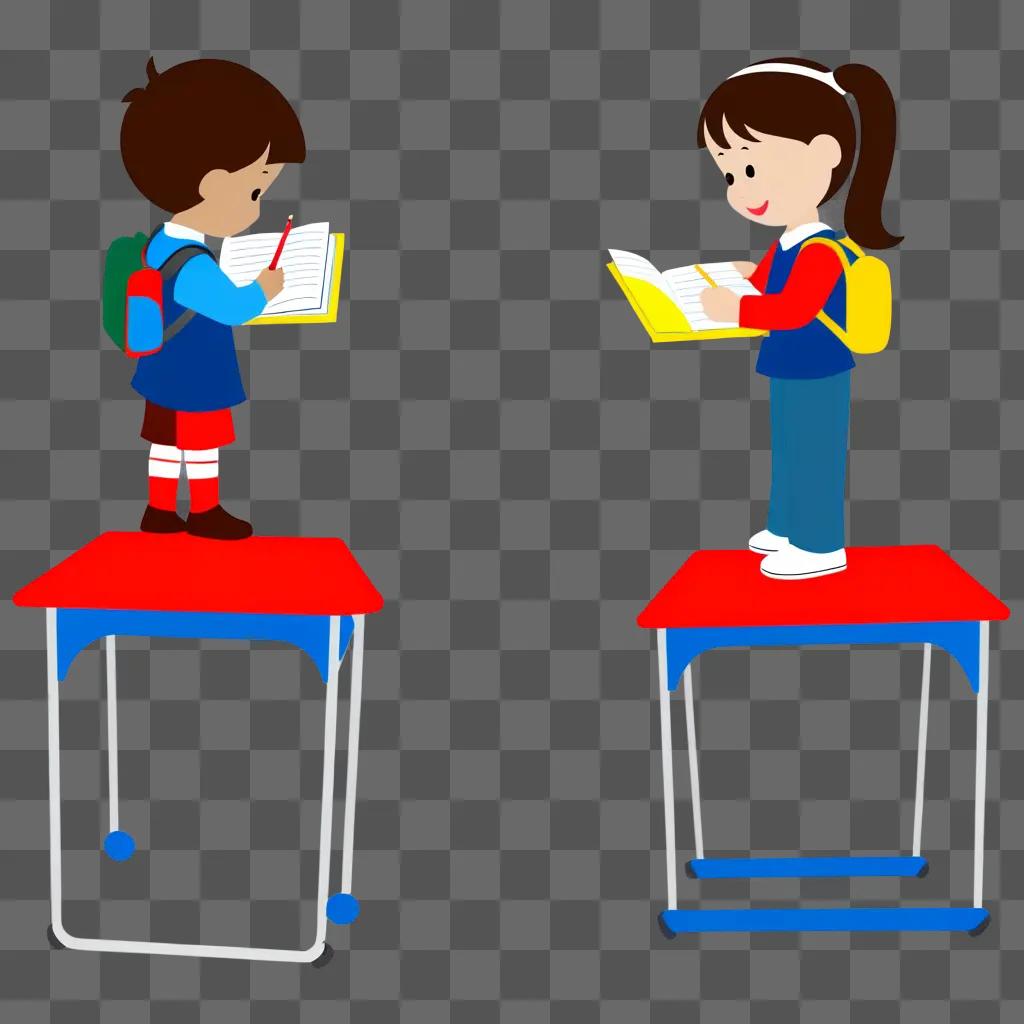 Two children on tables with clipart for teaching