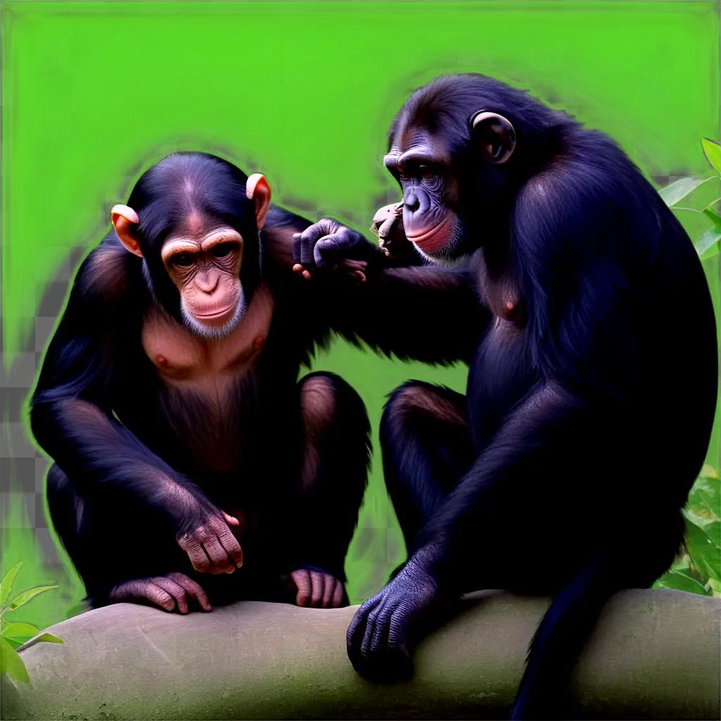 Two chimpanzees socializing on a green background