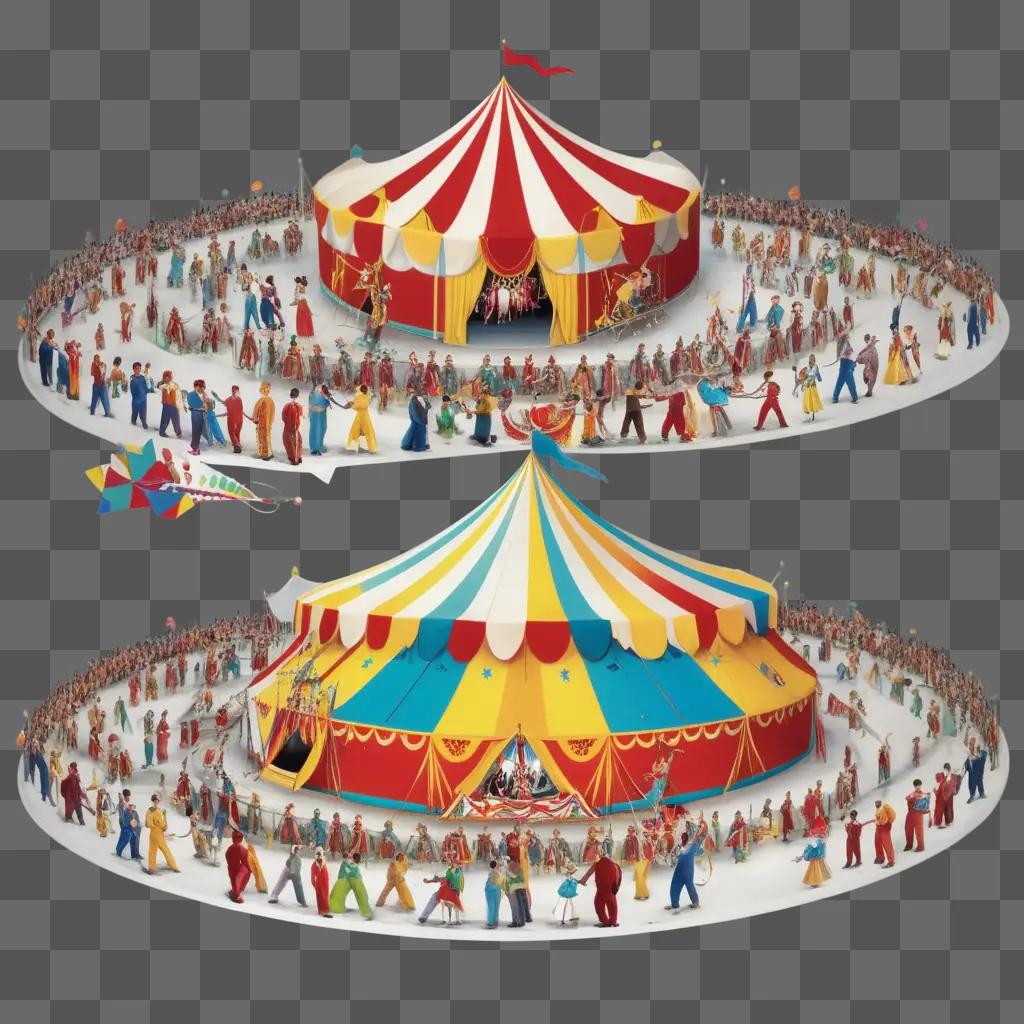 Two circus tents with people inside