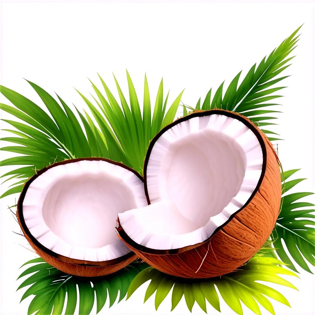 Two coconut halves with leaves in the background