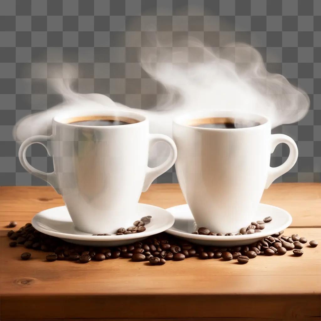 Two coffee cups on a table with coffee beans