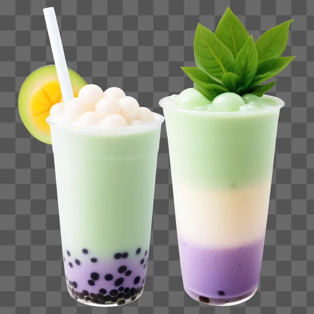 Two colorful boba drinks with a leaf on top