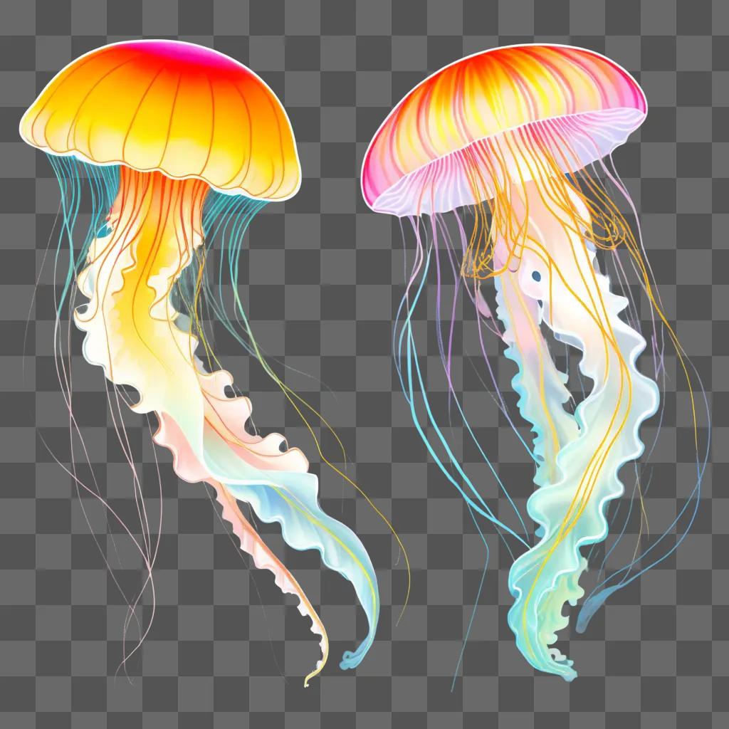 Two colorful jellyfish floating in water