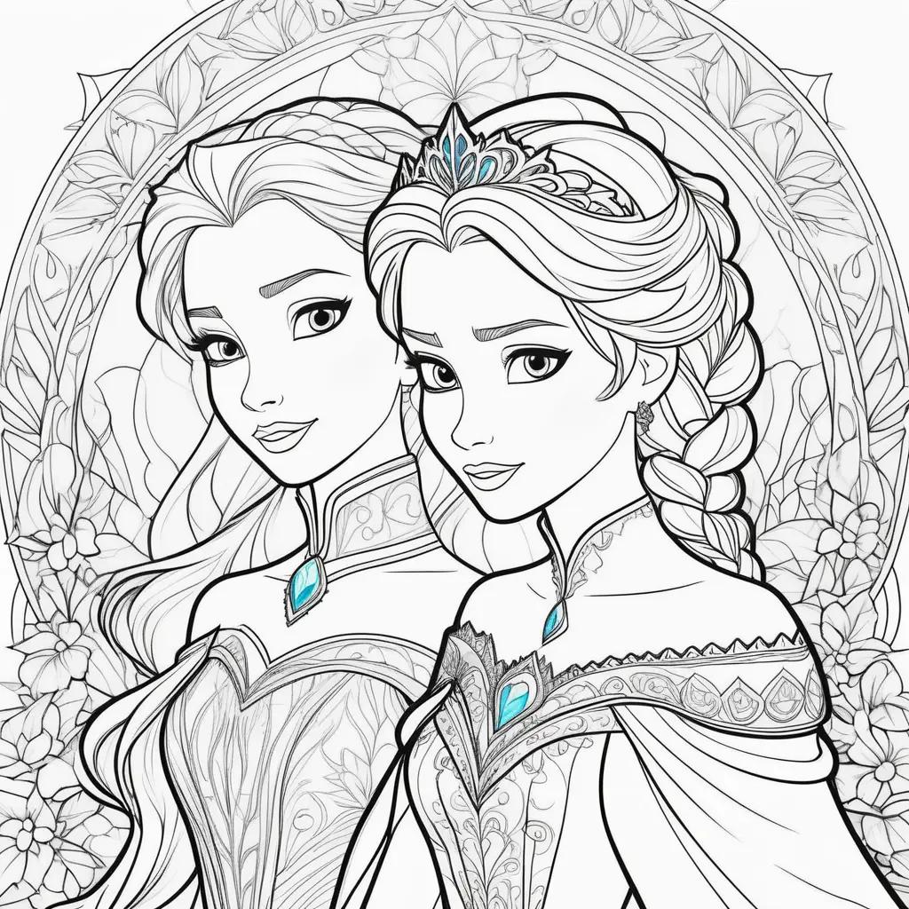 Two coloring pages featuring Elsa and Anna