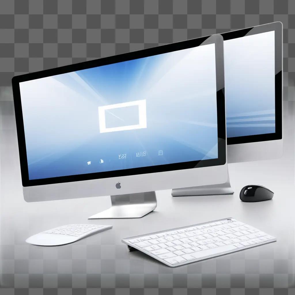 Two computers on a desk with a keyboard and mouse