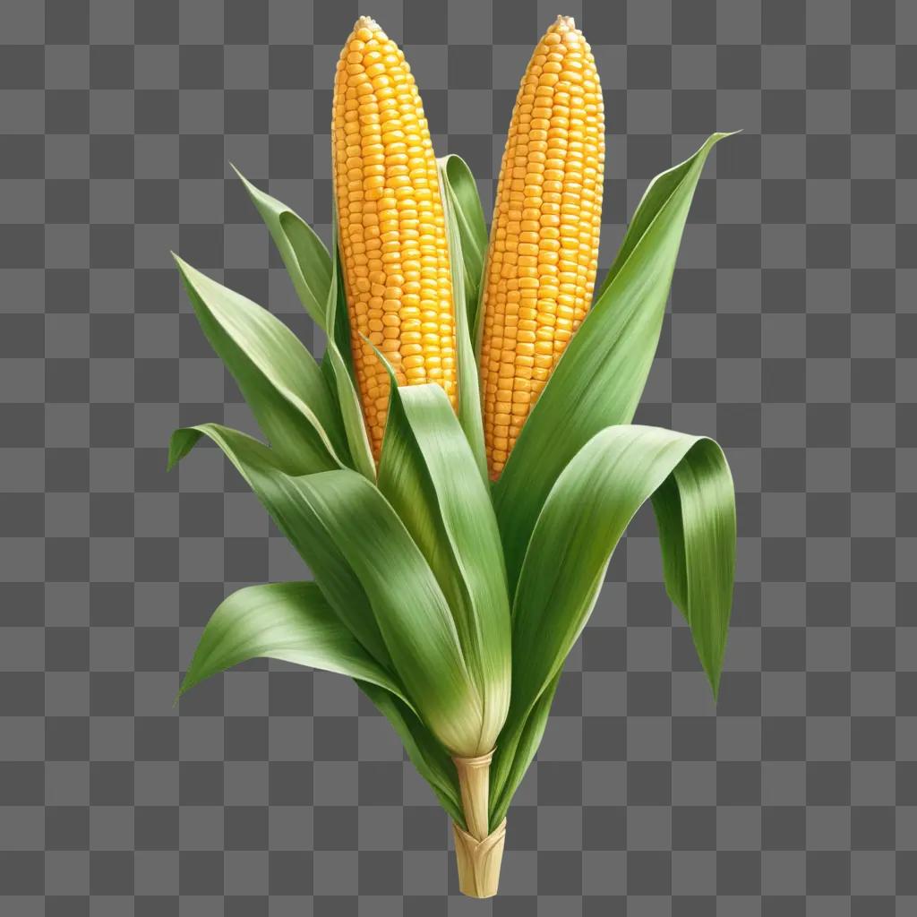 Two corn stalks in bloom on a green background