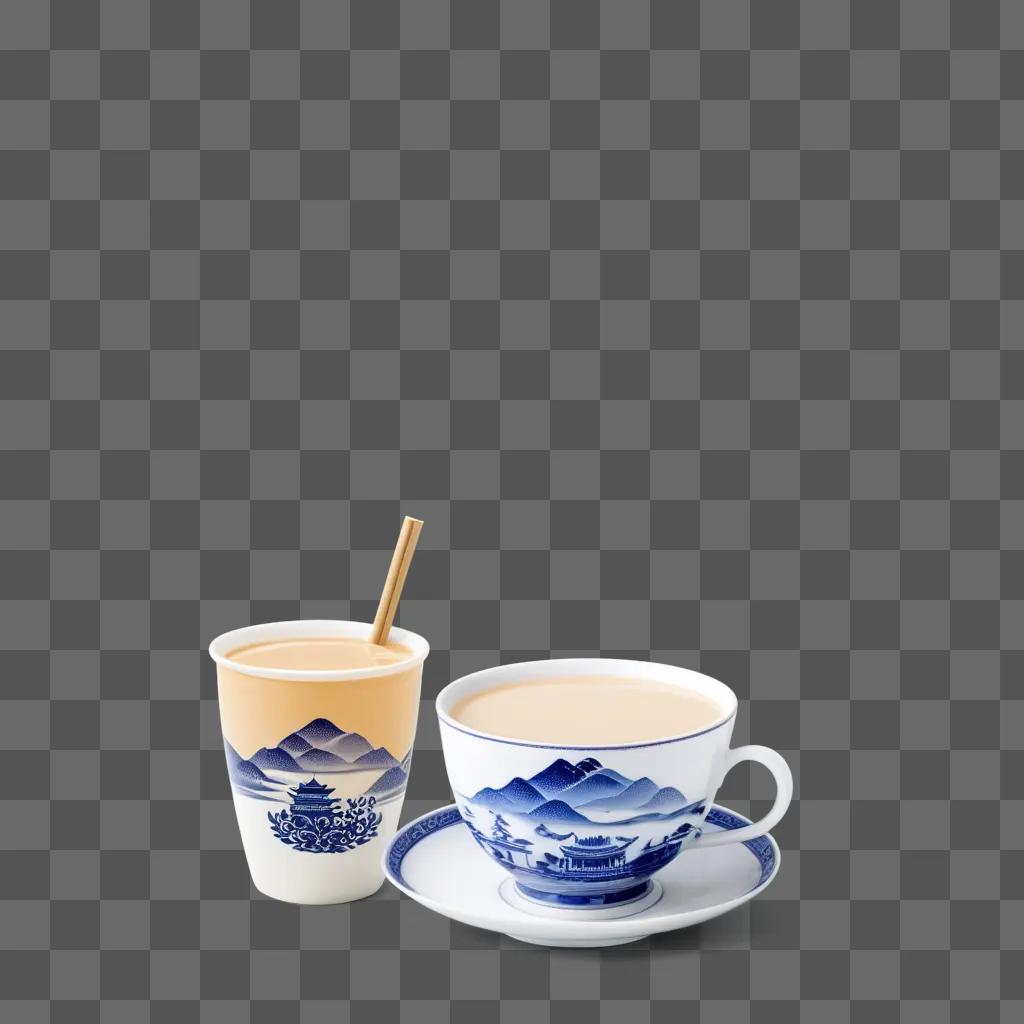 Two cups of tea with a blue and white design