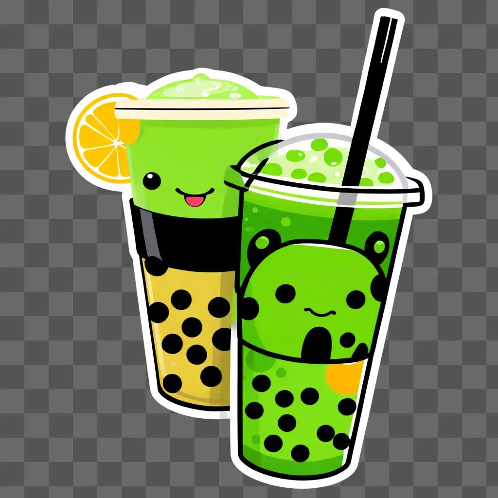 Two cute boba drinks with polka dots and cartoon faces