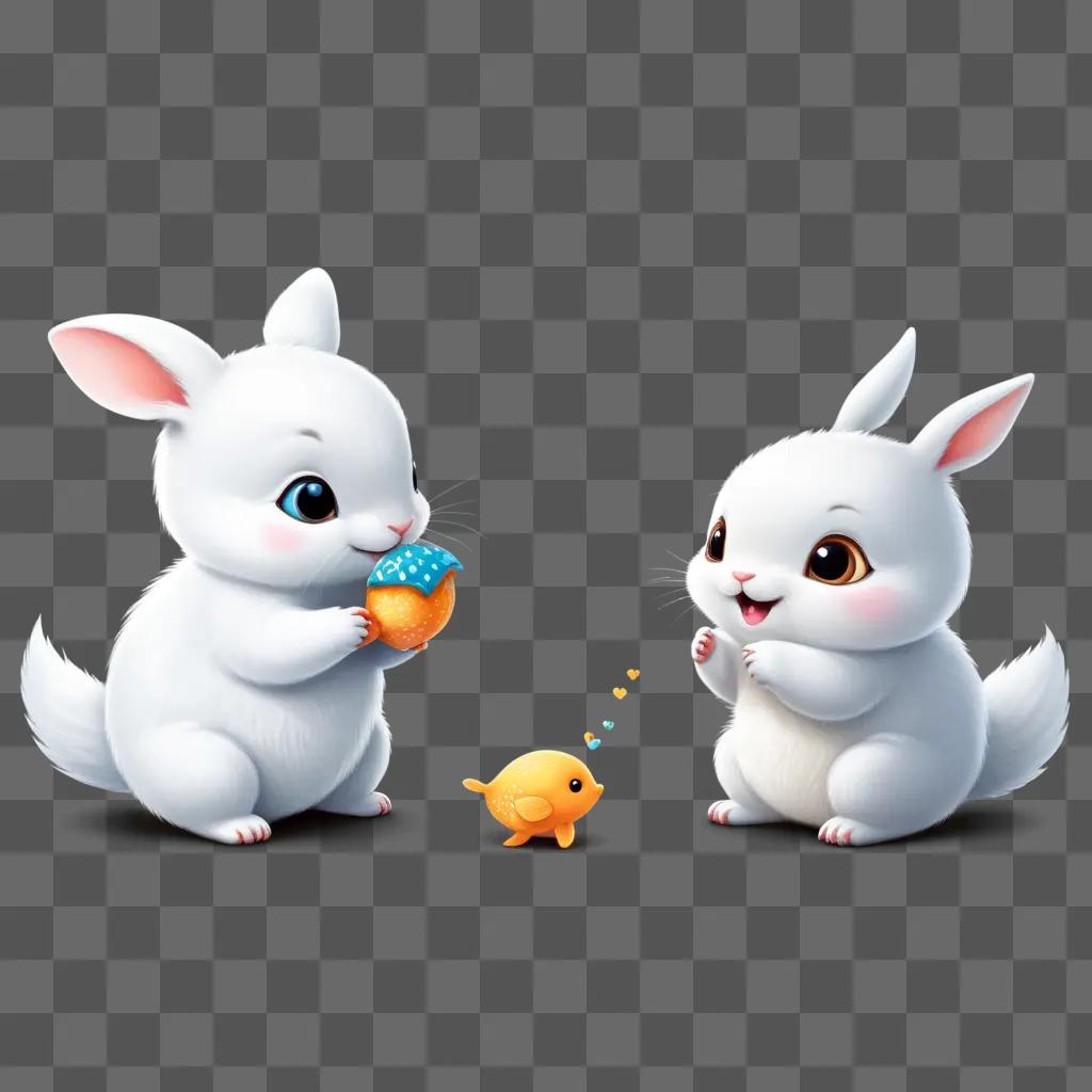 Two cute bunnies share a treat