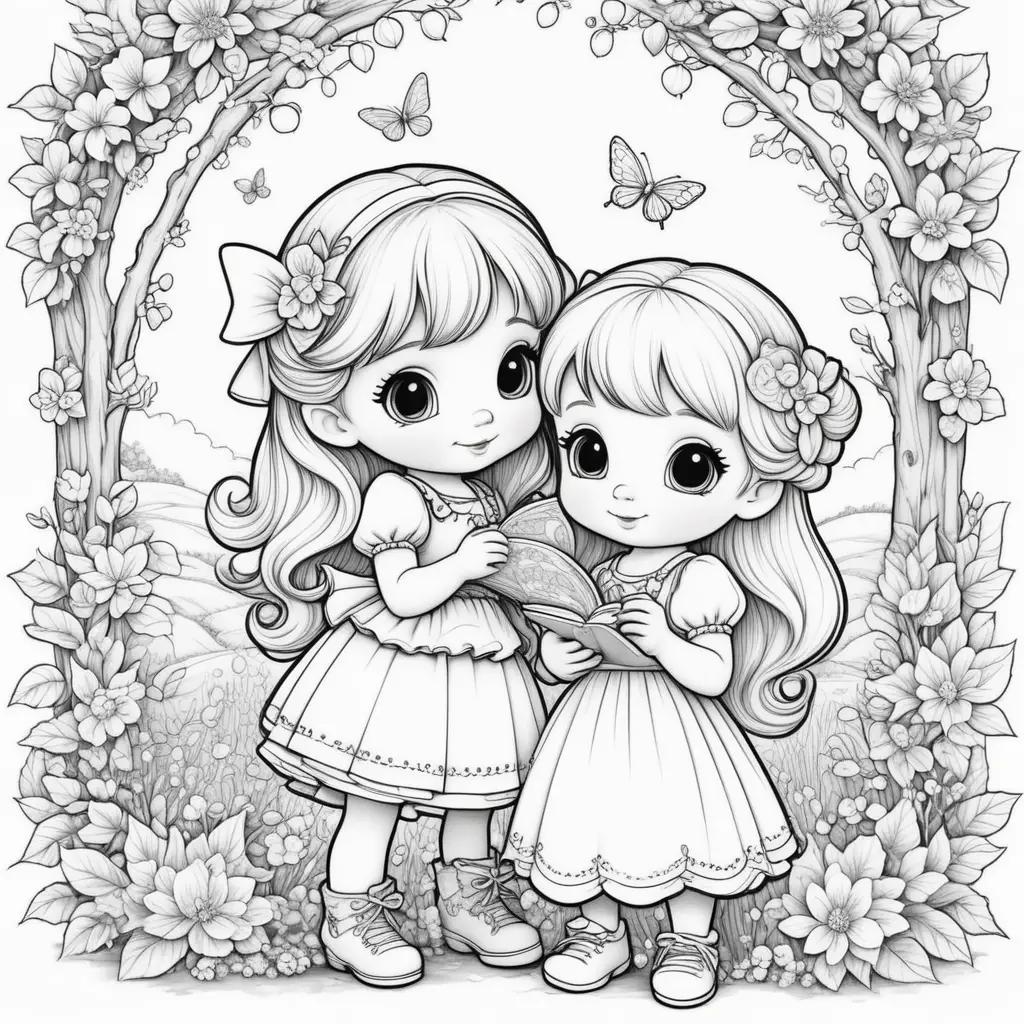 Two cute girls reading a book, under a floral arch