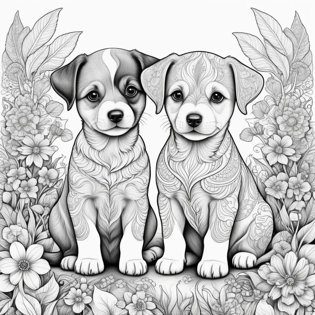 Two cute puppies are colored in black and white